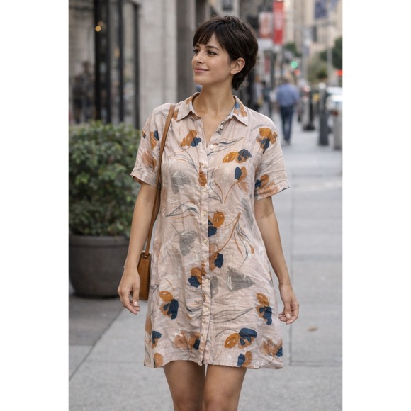 Rachel Zoe Linen Floral Print Button Down Shirt Dress Size L